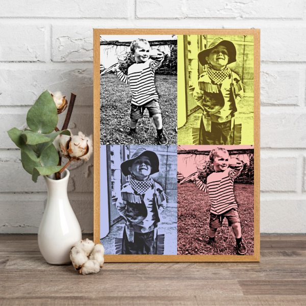 Innrammet Pop Art-plakat med 4 bilder