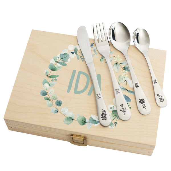 Coffret med plante-motiv og tilpassede bestikk