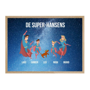 Innrammet plakat med superheltfamilie