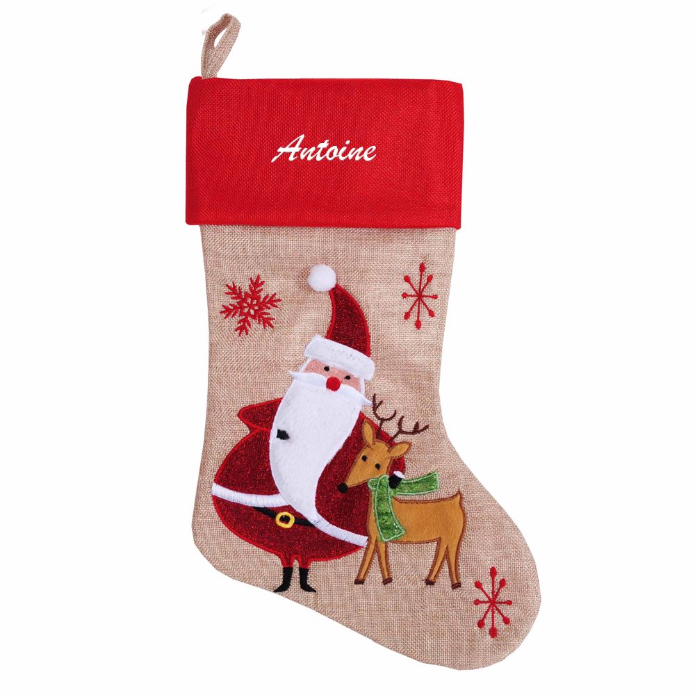 Botte de Noël effet lin brodée prénom 3 modèles