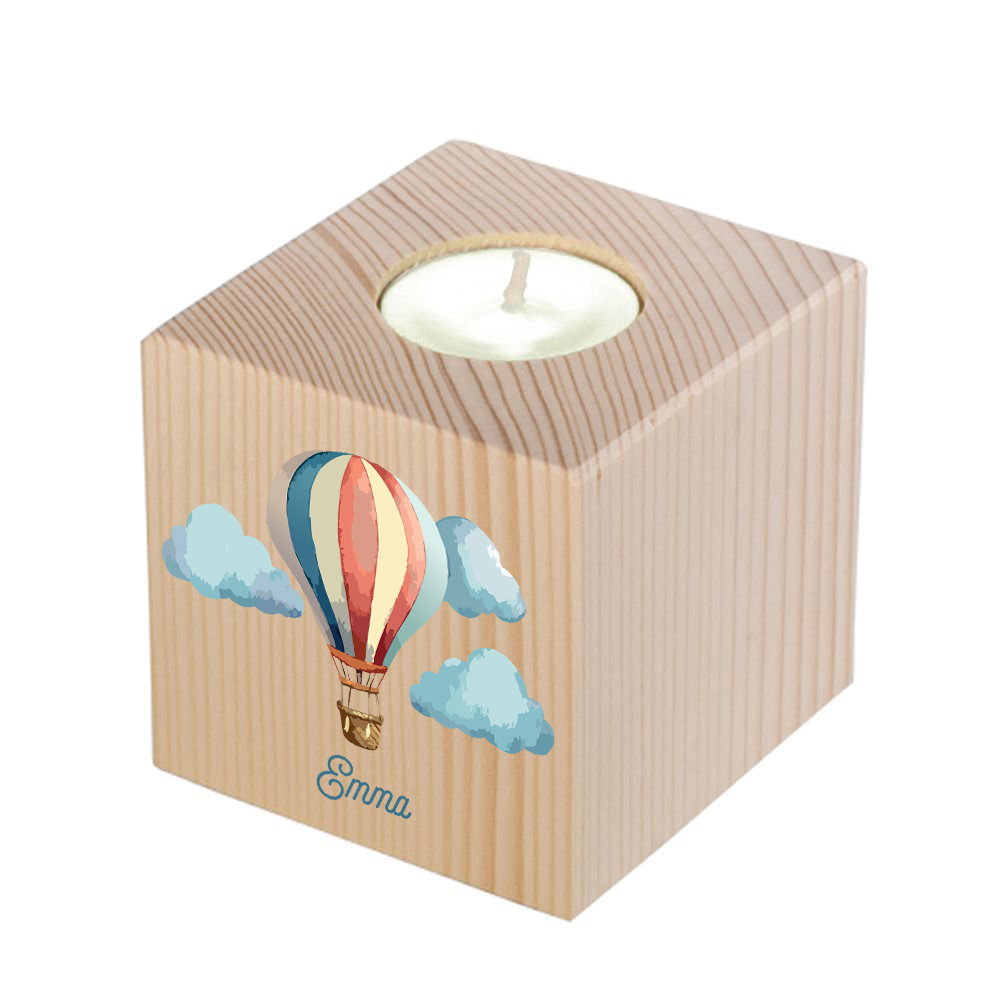 Bougeoir cube en bois montgolfière
