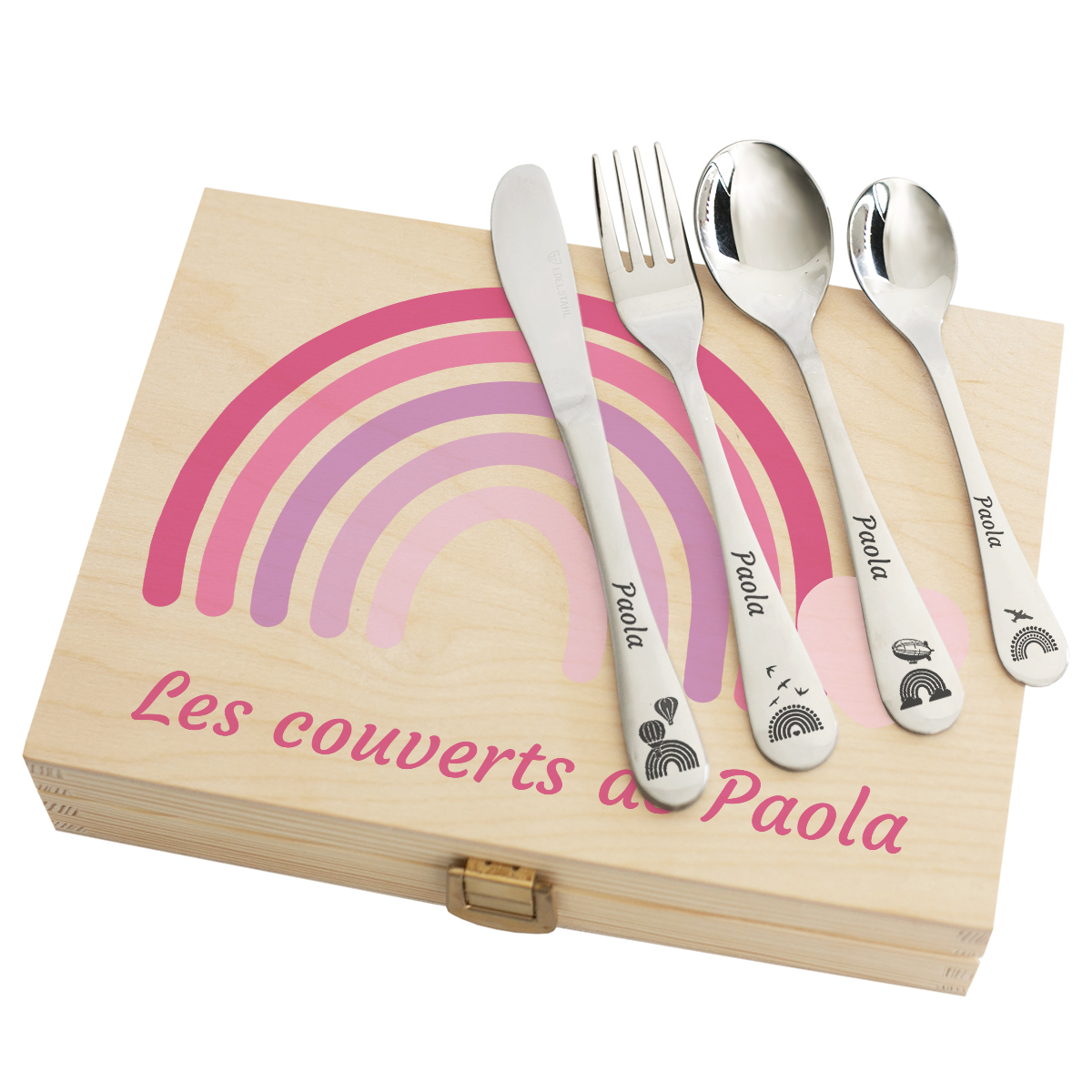 Coffret arc-en-ciel et ses couverts personnalisés
