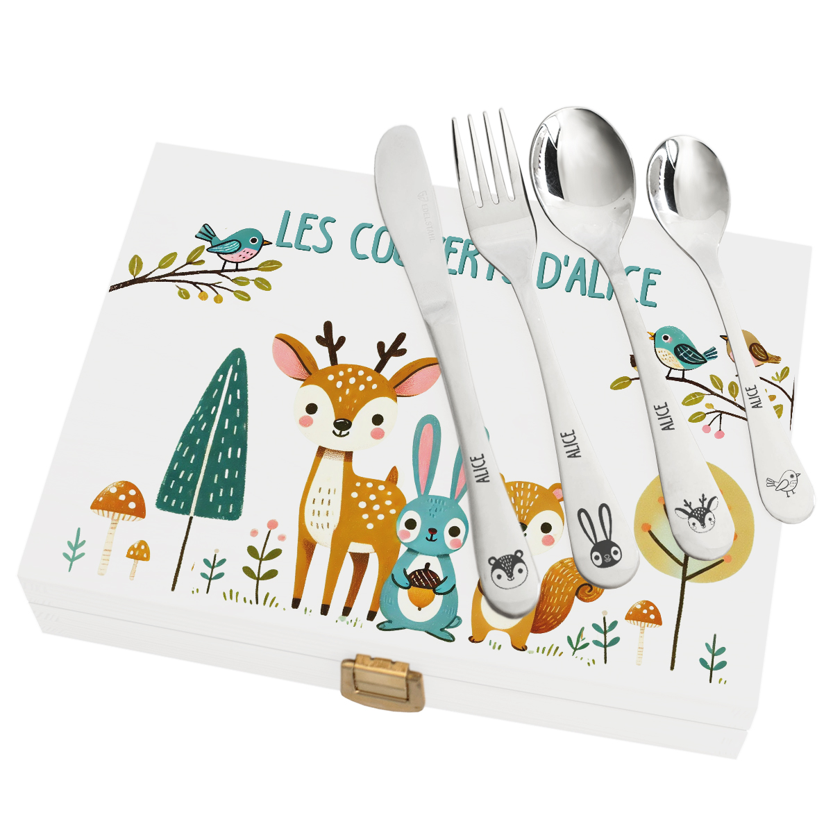 Coffret Forêt enchantée et couverts enfant personnalisés - blanc