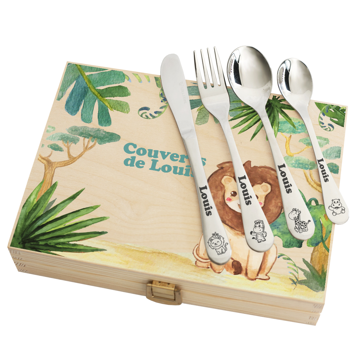 Coffret Savannah et couverts enfant gravés - bois