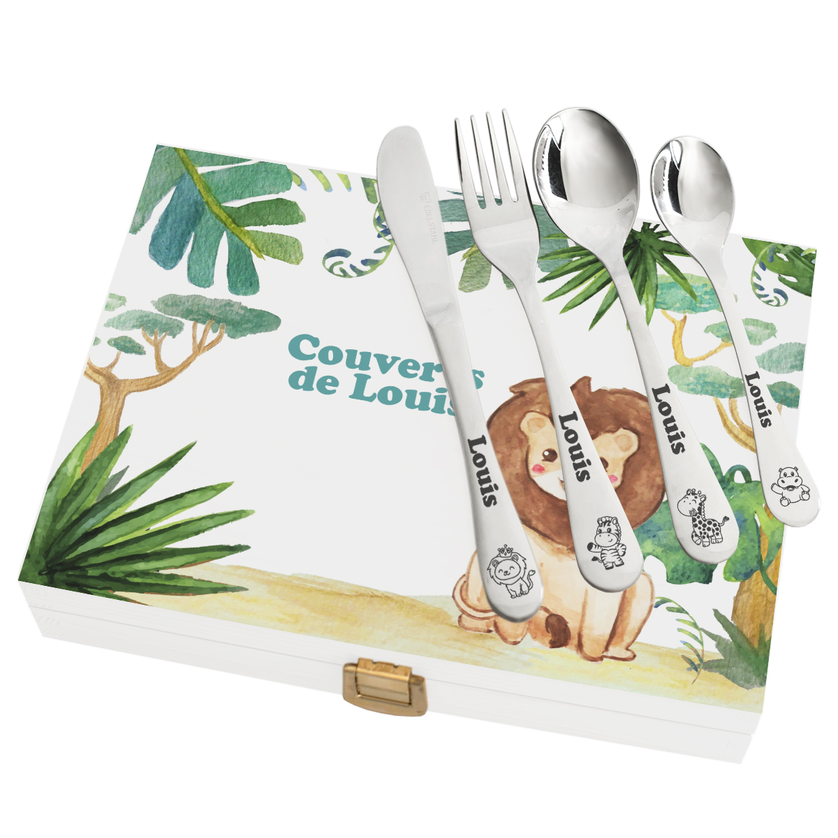 Coffret Savannah et couverts enfant personnalisés - blanc