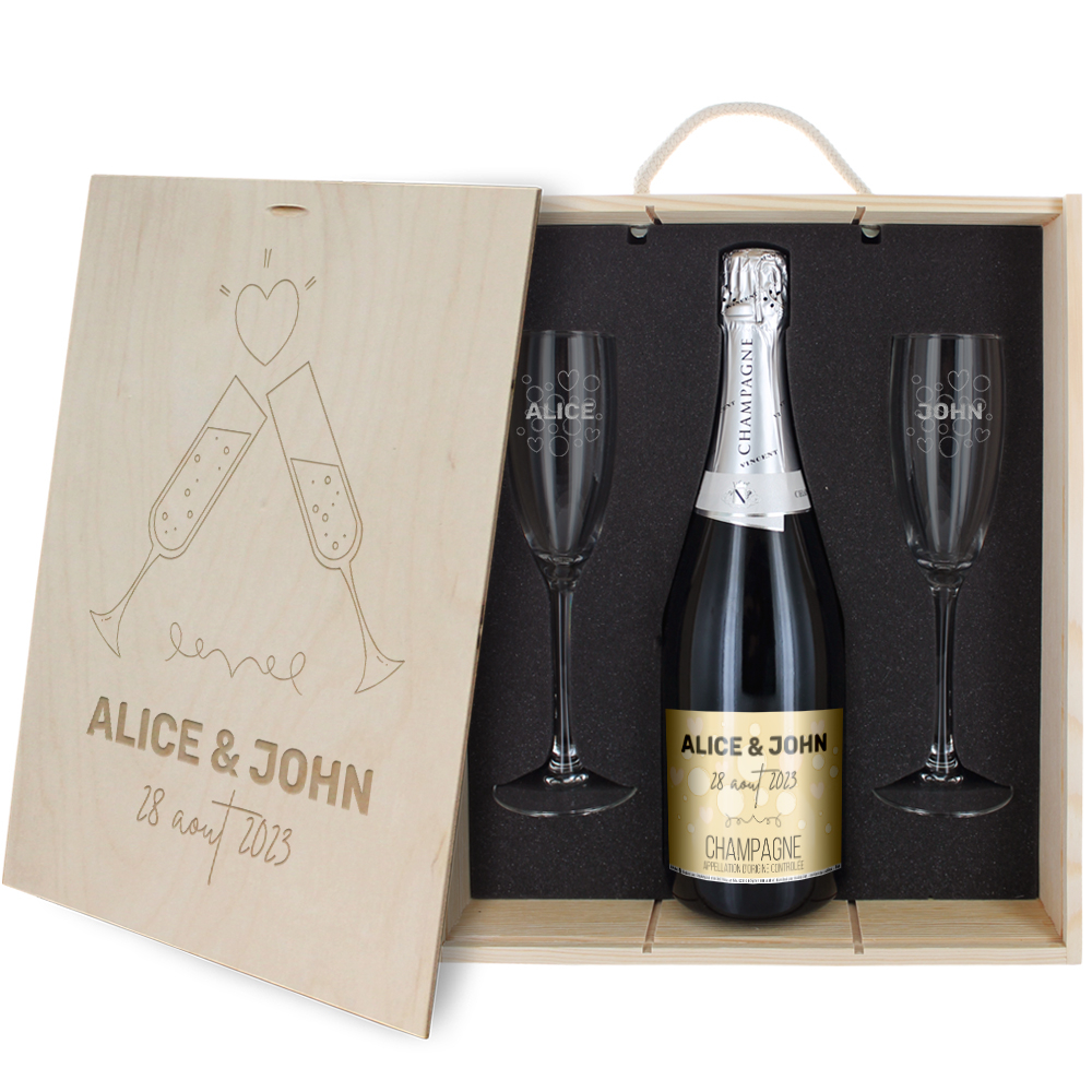 Champagne personnalisé : Bouteille, flûte et coffret