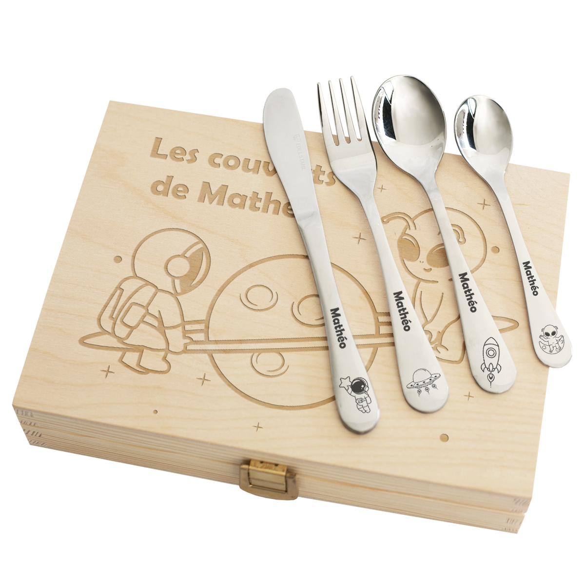 Coffret avec couverts enfant astronaute gravés