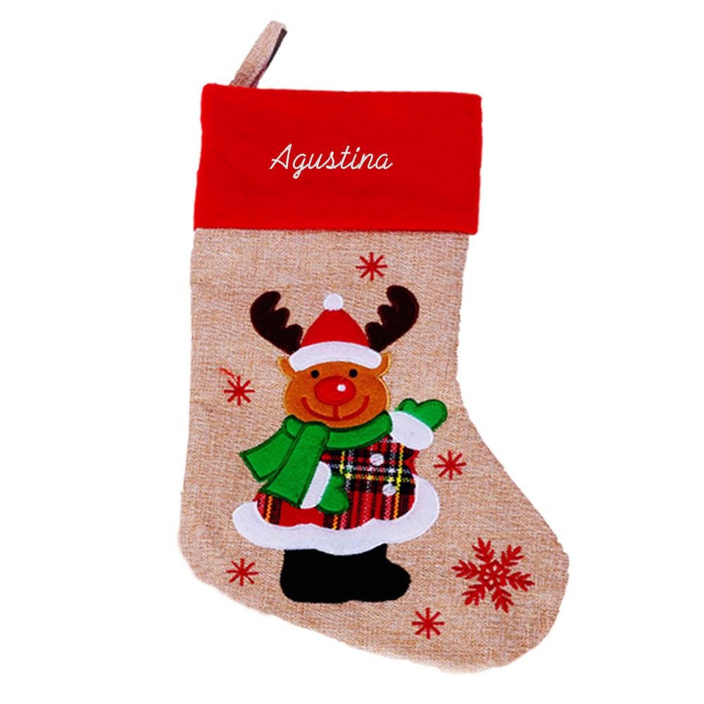 Chaussette de Noël effet lin beige brodée avec prénom - Renne de Noël