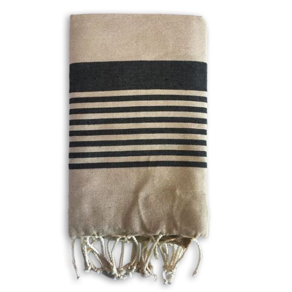 Fouta traditionnelle rayée brodée prénom - Beige
