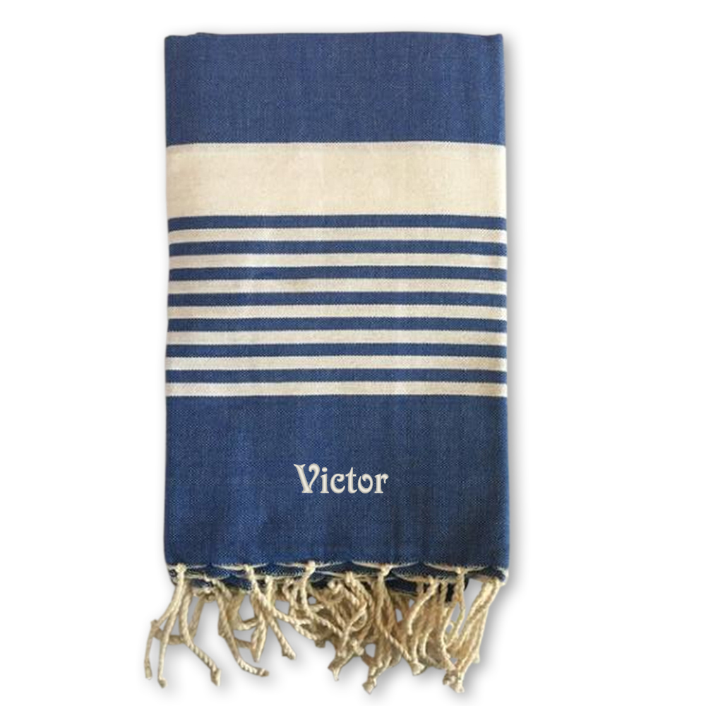 Fouta traditionnelle rayée brodée prénom - Bleu Marine