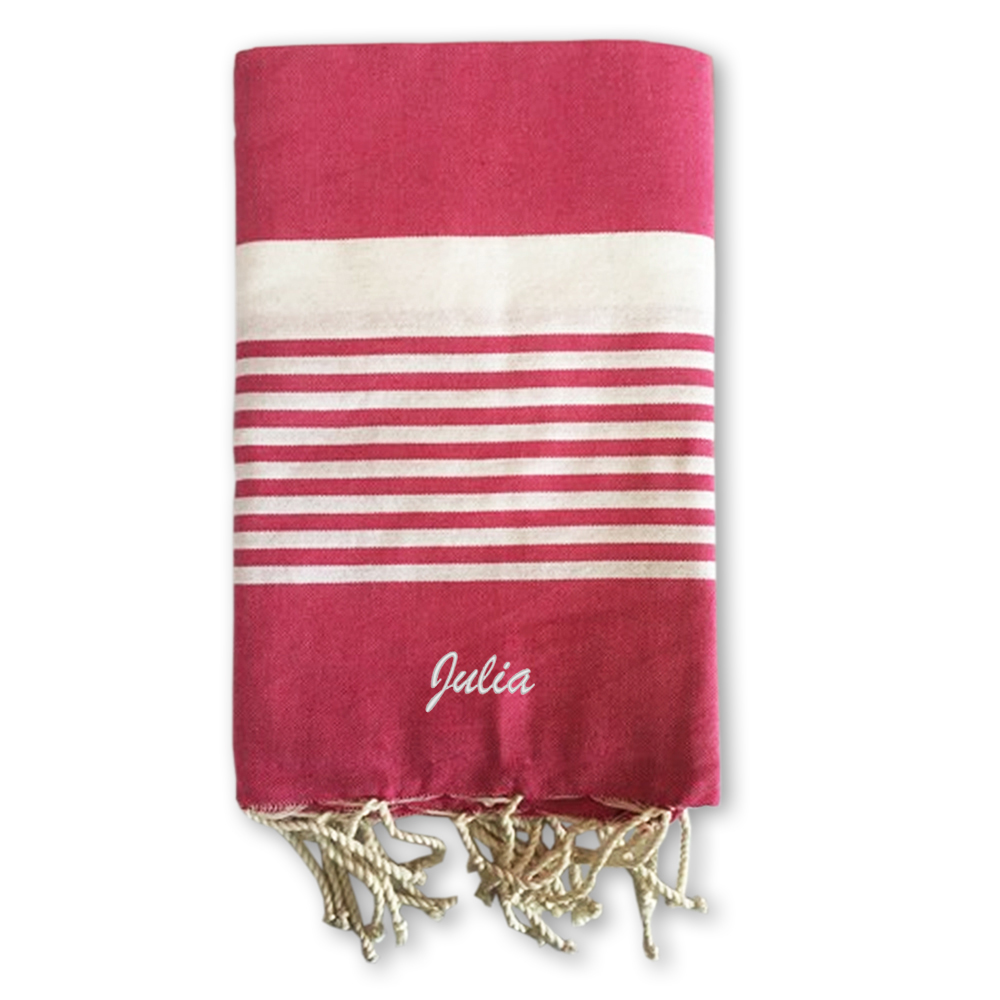 Fouta traditionnelle rayée brodée prénom - Fuchsia