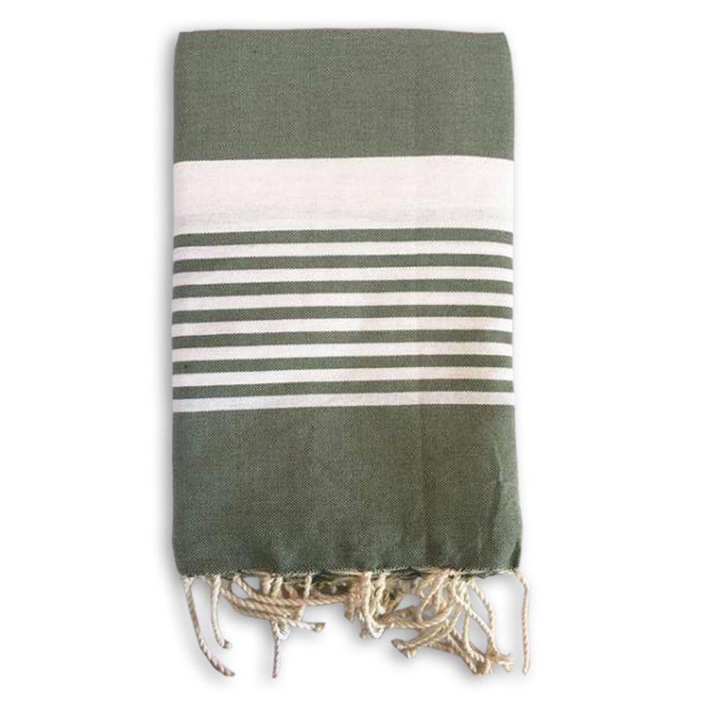 Fouta traditionnelle rayée brodée prénom - Kaki
