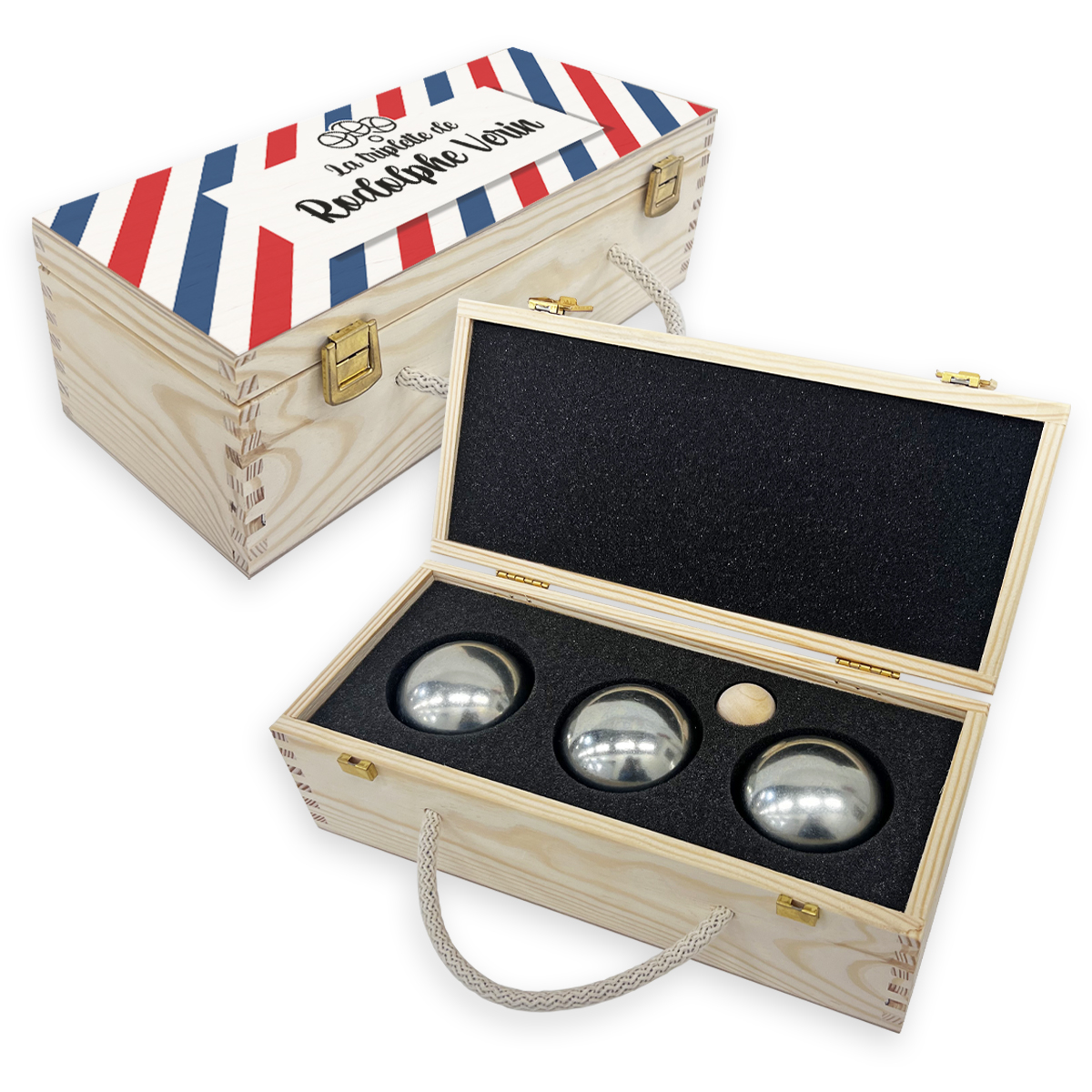 Mallette en bois pour triplette personnalisée Barbershop