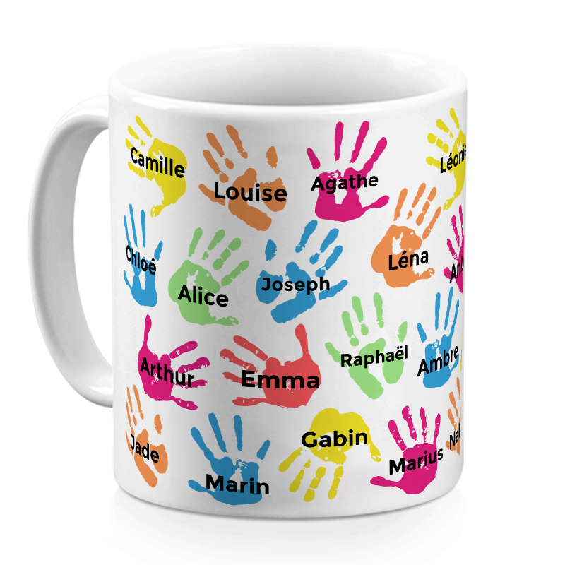 cadeau maîtresse d'école - Mug Mains d'enfants personnalisé de leurs prénoms