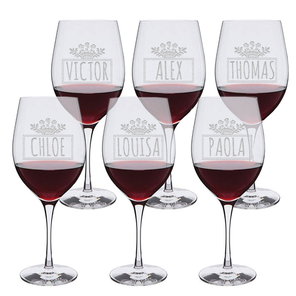 Lot de 6 verres à vins personnalisés chacun avec un prénom
