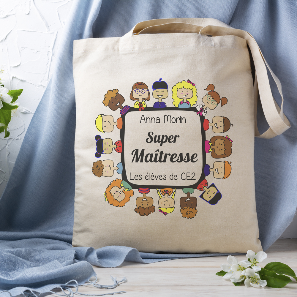 Tote bag deluxe personnalisé Merci Maîtresse - cadeau maîtresse - cadeau maître - cadeau ATSEM
