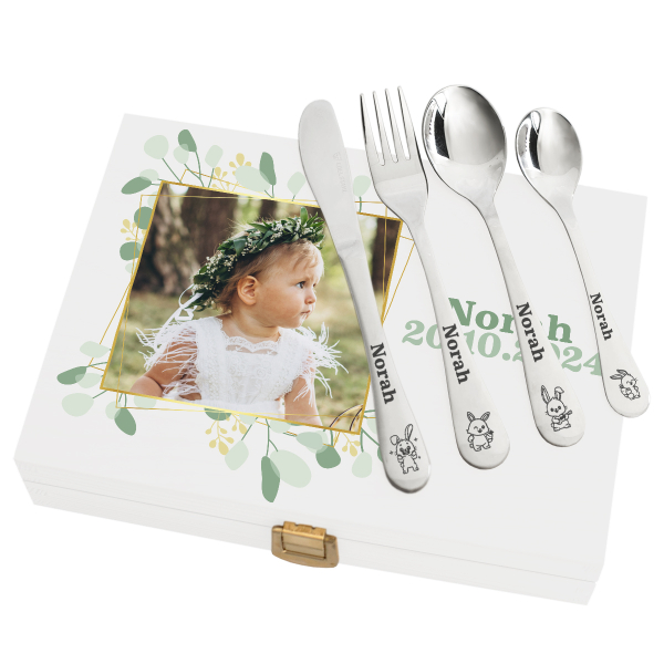Coffret personlig med ett foto och hans gravyrbestick