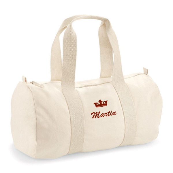 Duffelbag i ekologisk bomull med broderat motiv och namn