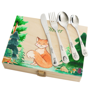 Personligt bestickset med tryckt trälåda skog Personligt bestickset med tryckt trälåda skog