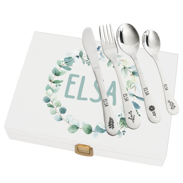 Coffret med växtmönster och dess personliga bestick